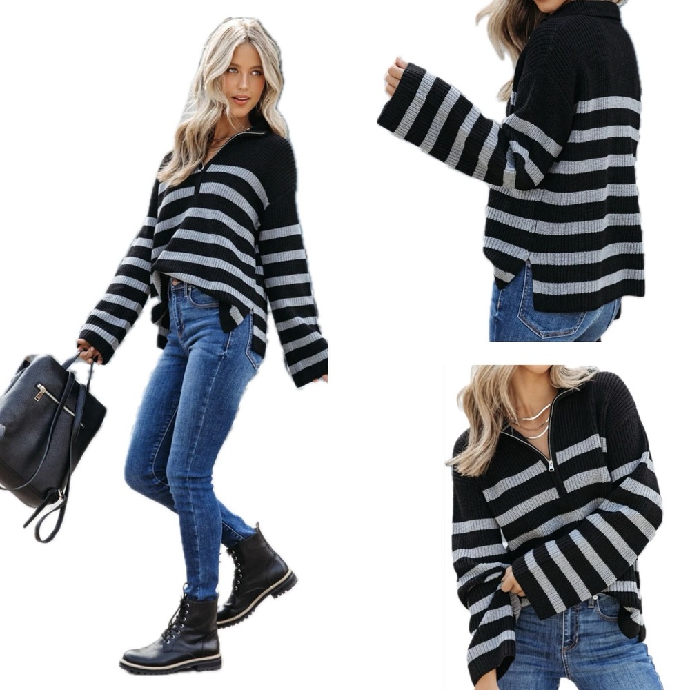 Nyla Black and Gray Pullover Half Zip Sweater